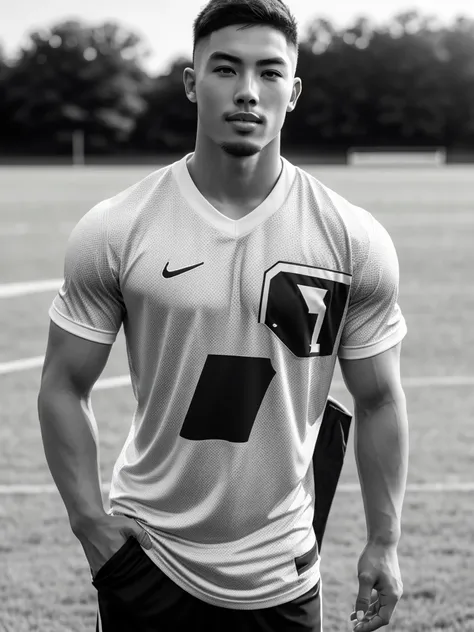 Tony Labrusca, young asian man looking at camera In a black and white sports shirt , Fieldside, sunlight, looking at the football field