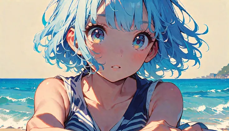 summer、1 female, Light blue hair,　short hair, 