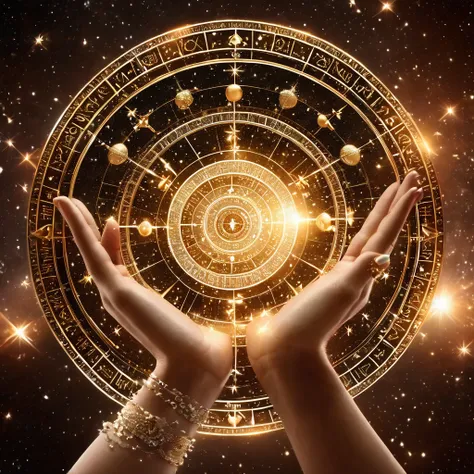 astrologer, beckoning, 3d image of astrological horoscope circle on both palms, best quality, masterpiece, high quality, extreme...