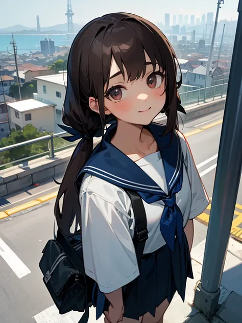 1girl, standing, head tilt, gentle smile, 15yo,
(downhill:1.4), (sloped road), wide single road in Yokohama,
(cityscape in distance), (port city), (sea in distance:1.3), (gantry crane),
(low twintails girl), low pigtails, hair ribbon white, very long black...