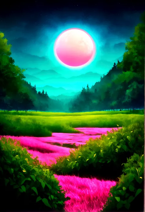 landscape on a strange alien planet, twin suns, atmospheric colours, fields, trees in the background, dense foliage, animals, picturesque, photo, synthwave