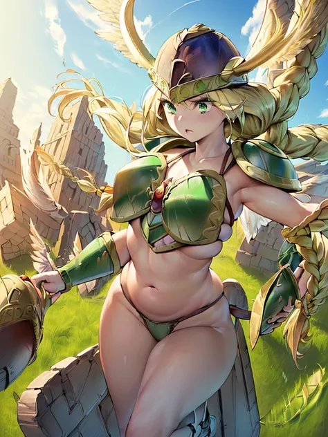 masterpiece,best quality, 1girl, 18yo, beautiful girl,BREAK,(Armor:1.8),(Helmet with wings:1.7),(Beautiful blonde,braid,Green Eyes:1.5),BREAK,(Bikini Armor,navel exposed,voluptuous bust,thin waist:1.4),BREAK, (blue sky:1.2),(Running on clouds:1.3),(move ch...