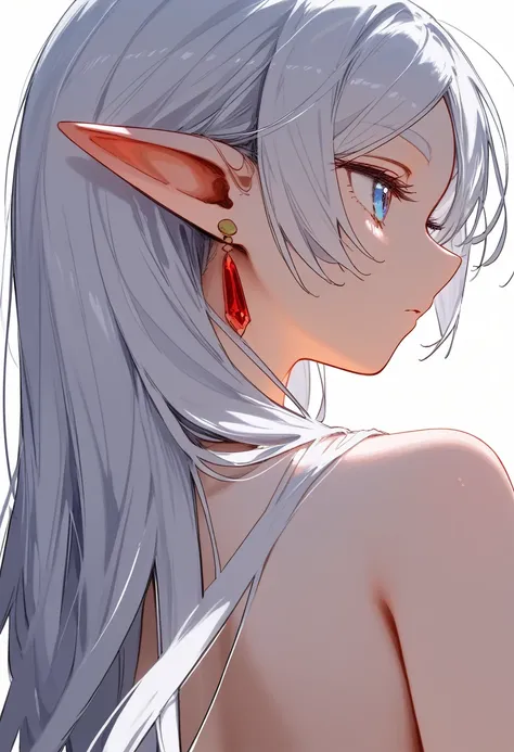 1 Girl, Solitary, freeze, White hair, Long hair, Pointed ears, From the back, Look away, close-up, naked露的肩膀, naked, earrings, Rear view, The back is covered with hair, Keep your arms at your sides, upper body, White background, Simple background, masterpi...