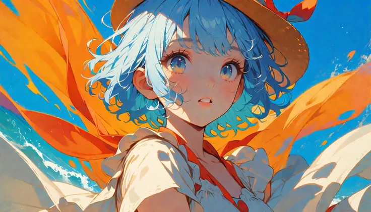 summer、1 female, Light blue hair,　short hair, Orange as an accent、Follow your dreams、