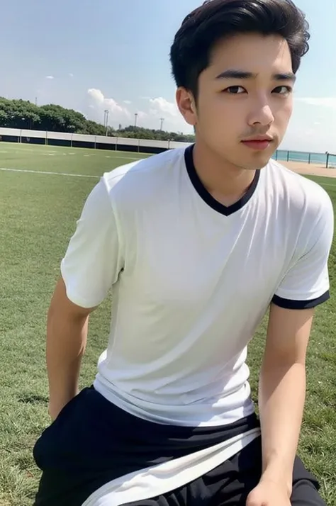 young asian man looking at camera In a black and white sports shirt , Fieldside, beach, sunlight, looking at the football field