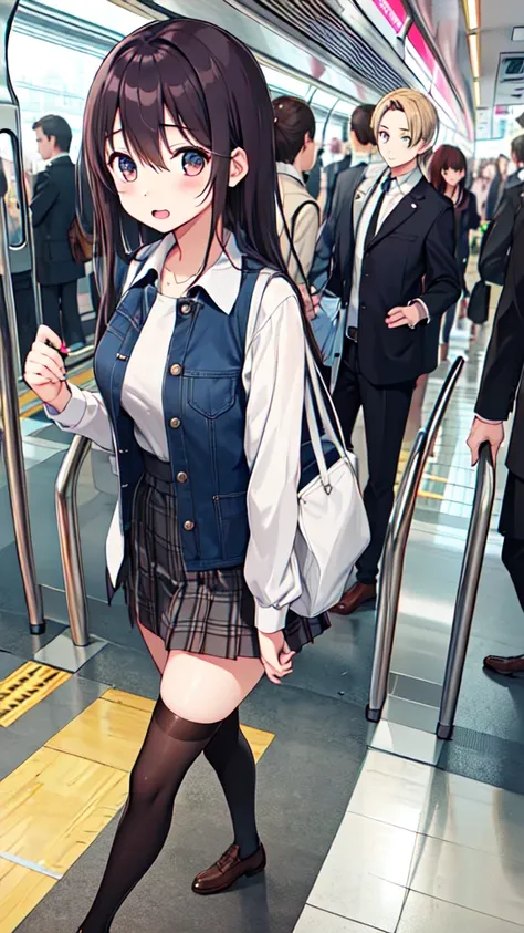 １people girl、uniform、on the train、are standing、