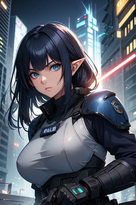 Create high quality images featuring an elf girl with dark navy blue hair and straight bangs. She is a member of the police special forces.。Aggressive pose。Aggressive facial expression。Have a lightsaber.。The background must depict a city inside a dome, Nex...