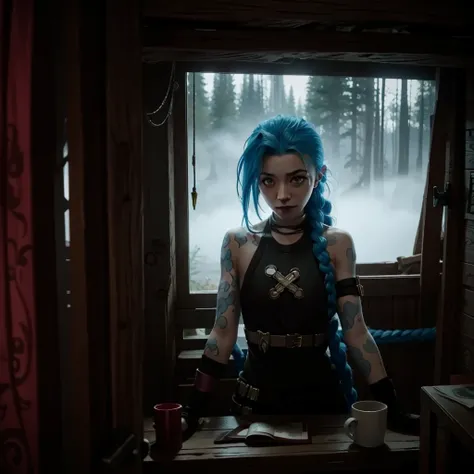 League of Legends Jinx in a foggy cabin