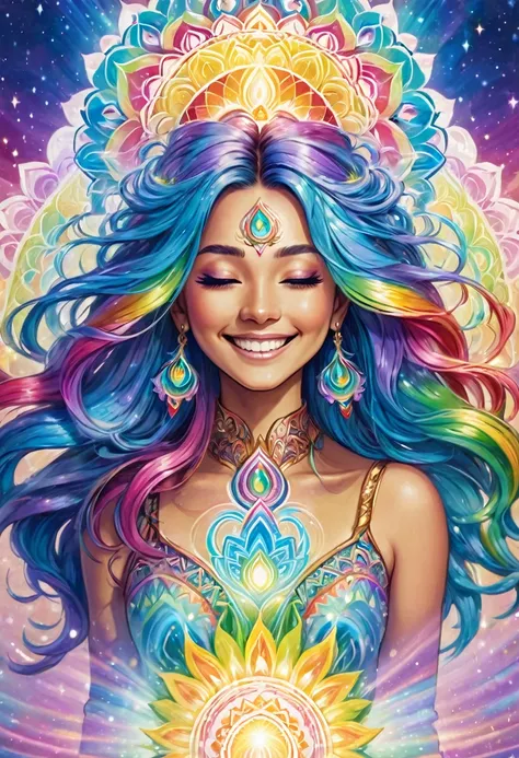 close-ip, Pastel rainbow colored long hair goddess chakra is shining, throat chakra is shining blue, prayer, smile, mandala, big rainbow light, happiness, smile, love