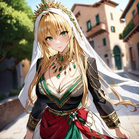 ((Highest quality)), ((masterpiece)), (detailed), （Perfect Face）、The woman is an Italian Tierra, and is seen in the streets of Italy wearing the gorgeous and glittering Italian traditional Sardinian costume, a lavishly decorated velvet jacket, a long veil,...