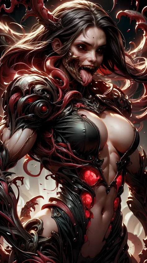 (beautiful girl face:1.45), megan fox as a vampiric muscular red carnage, (mouth wide open with tongue out:1.25), (red carnage anatomic muscular bio-mecha muscle suit:1.25), (body totally covered in muscles, veins, tendons), (perfect muscular anatomy),