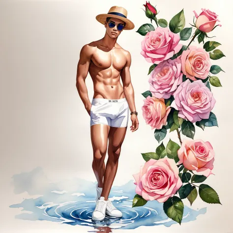 candid fashion illustration of young Mixed race 2man, Latino and Japanese male model, both aged 18-23 year old, ((showcase fashion look book in white underwear only)), the design inspired of The Emma Bridgewater rose by David Austin, in elegant chic style....