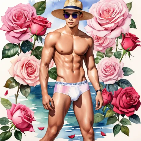 candid fashion illustration of young Mixed race 2man, Latino and Japanese male model, both aged 18-23 year old, ((showcase fashion look book in white underwear only)), the design inspired of The Emma Bridgewater rose by David Austin, in elegant chic style....