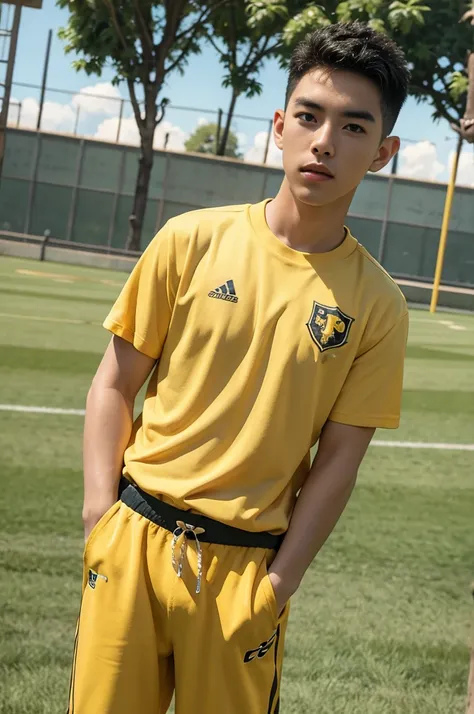 tony labrusca, young asian man looking at camera in a black and yellow sports shirt , fieldside, sunlight, looking at the footba...