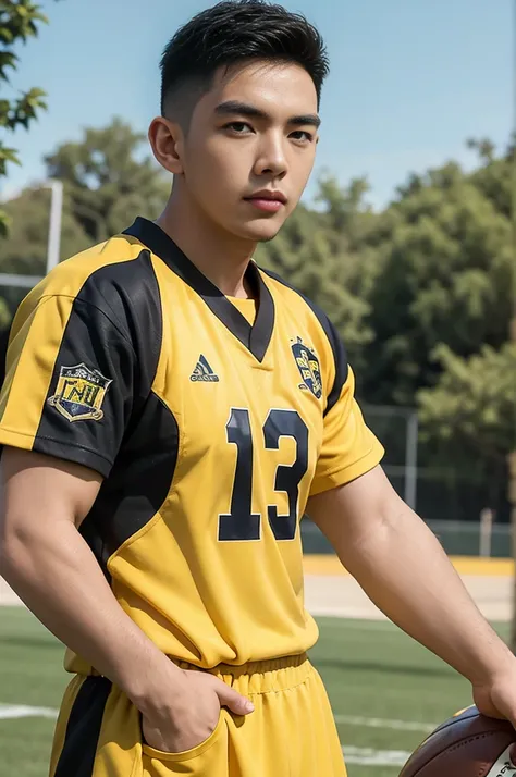 Tony Labrusca, young asian man looking at camera In a black and yellow sports shirt , Fieldside, sunlight, looking at the football field