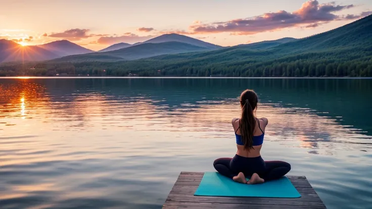 beautiful girl in yoga pose on lake in sunset. Camera view is from far away