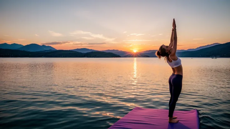 beautiful girl in yoga pose on lake in sunset. Camera view is from far away