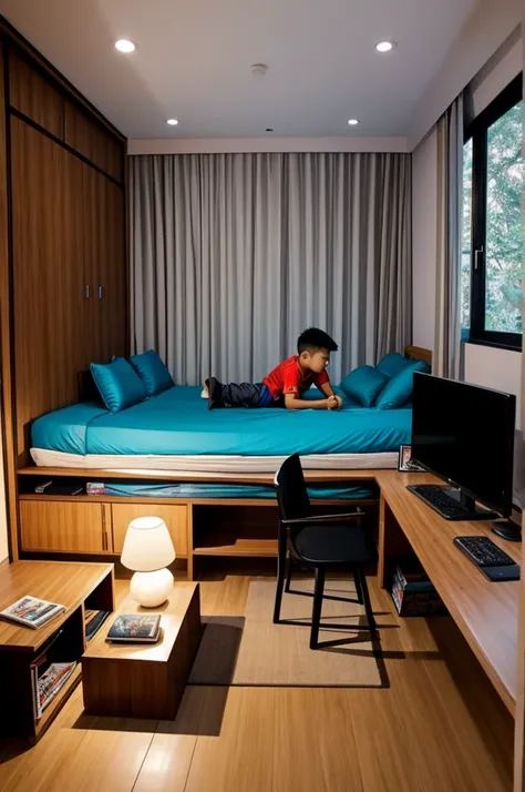 One boy, a Thai boy, was home alone and he was playing computer games in his bedroom. I want a beautiful bedroom.