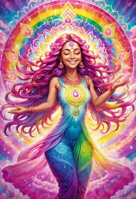 The chakra of a goddess with long hair in pastel rainbow colors is shining, the chakra above her head is shining in magenta color, she has both hands open, smiling and emitting magenta energy of love and healing to people. , people receiving are smiling, m...