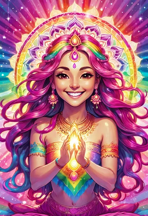 The chakra of a goddess with long hair in pastel rainbow colors is shining, the chakra above her head is shining in magenta color, she has both hands open, smiling and emitting magenta energy of love and healing to people. , people receiving are smiling, m...