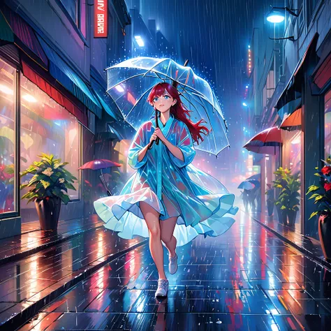 best quality, highres, ultra-detailed, realistic:1.37, (the number one YouTube celebrity MrBeast running with an umbrella:1.8), in a city at night,wearing made of transparent vinyl rain coat,holding an umbrella,((dancing in the rain like Singin in the Rain...