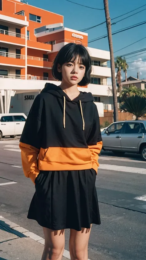 long shot portrait of cute 23 yo girl ,(perfect natural breast),wear ((orange color oversized hoodie)), wear ((purple tennis skirt)),looking viewer,Best Quality,Masterpiece,Ultra High Resolution,(Realisticity:1.4),Original Photo, 1Girl, light leak,ultra hi...