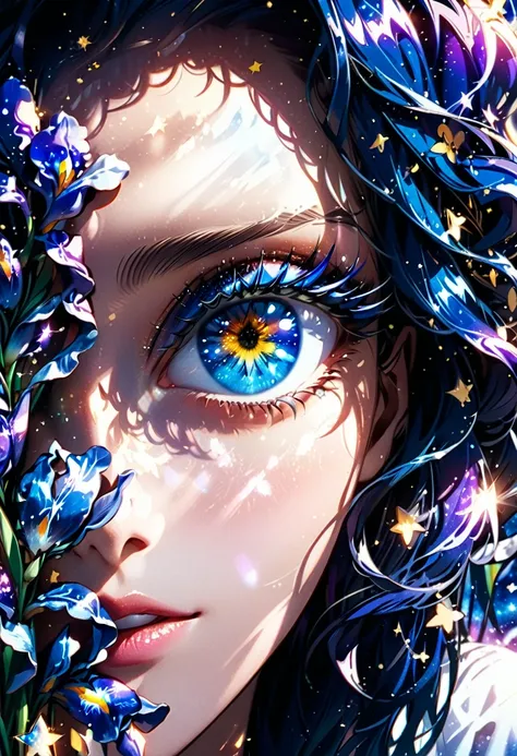 a extreme close up facial picture of an astrologist who divine the future from the stars, an extraordinary beautiful woman, divining the future from the stars, there is magic in her eyes, the ((irises are colored deep blue filled with stars: 1.5)) ladyshad...