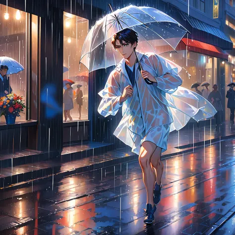 best quality, highres, ultra-detailed, realistic:1.37, ((a handsome boy running with an umbrella:1.8)), in a city at night,wearing made of transparent vinyl rain coat,holding an umbrella,((dancing in the rain like Singin in the Rain:1.8)),Close to cold col...