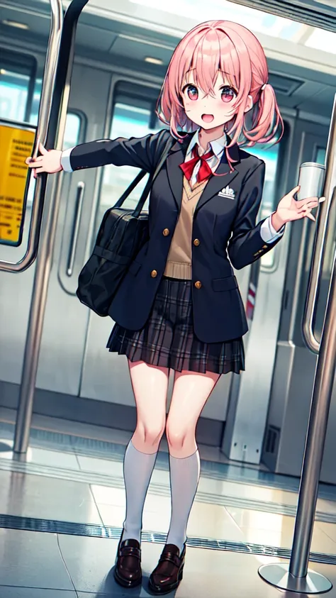 １people girl、uniform、on the train、are standing、