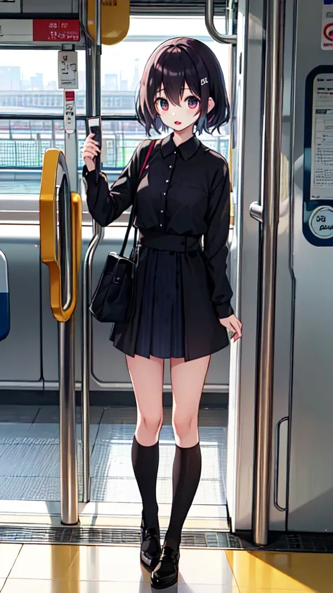 １people girl、uniform、on the train、are standing、