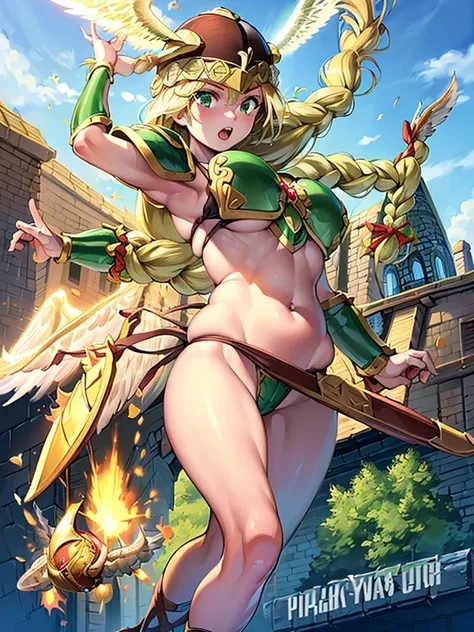 masterpiece,best quality, 1girl, 18yo, beautiful girl,BREAK,(Armor:1.8),(Helmet with wings:1.7),(Beautiful blonde,braid,Green Eyes:1.5),BREAK,(Bikini Armor,navel exposed,voluptuous bust,thin waist:1.4),BREAK,(naughty face, naughty:1.3), (blue sky:1.2),(Run...