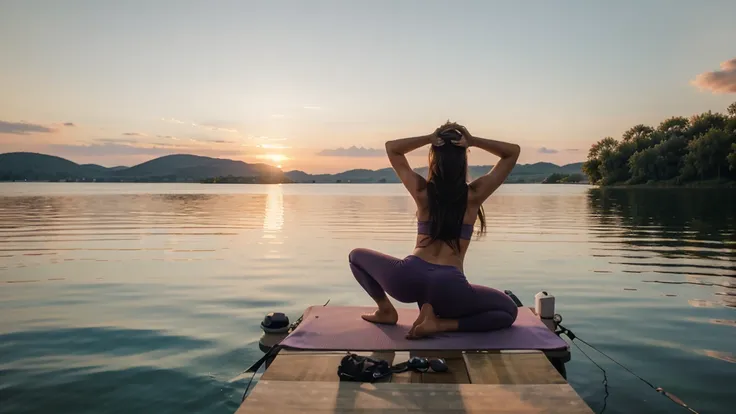 beautiful girl in yoga pose on lake in sunset. Camera view is from far away