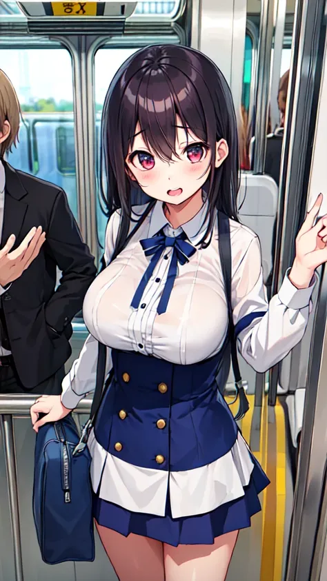 １People Girl、uniform、on the train、Are standing、