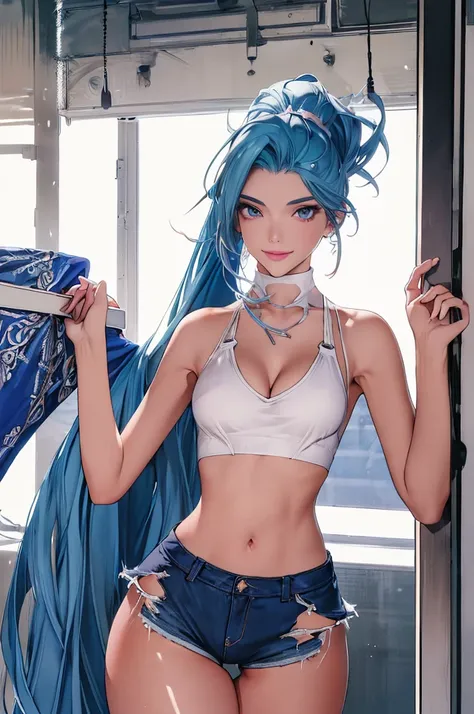 (best quality: 1.2), clean face, (masterpiece: 1.2, 8k) perfect anatomy, 1girl,a beautiful fashion model ,(masterpiece, official art, best quality ,long and shiny hair, blue hair with streaks in hair, long hair, full lips, slender body, slim body big breas...