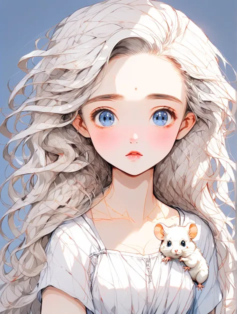 A girl，Silver hair，White dress for summer，blue eyes，Facing the audience，（Character front），Holding a cute little hamster in my arms，uhd, retina, anatomically correct, masterpiece, high details, super detail