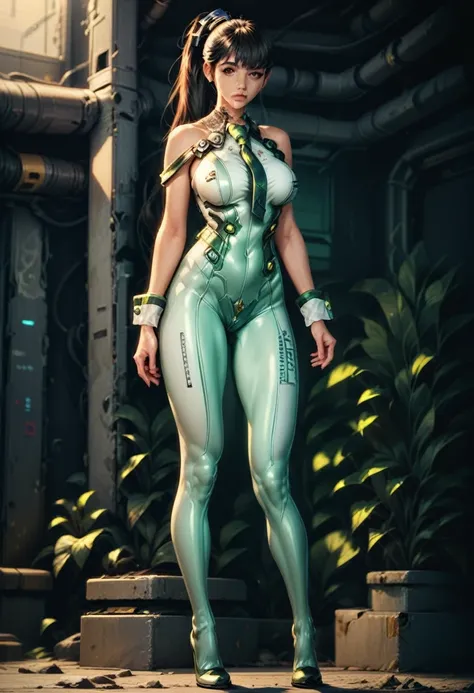 eve (stellar_blade), solo, bodysuit, necktie, abandoned cyberpunk city overgrown with plants, standing, looking at viewer, shiny clothes, skin tight, full body, bare shoulders, lips, green necktie, large breasts, wrist cuffs, shiny, sleeveless, high heels,...