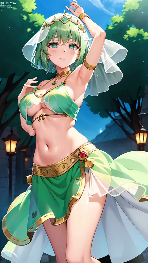 Girl with short green hair, Small breasts, Green Eyes, White Casual Wear Beauty Special、((((tits)))),Full body photo from head to toe、Belly dance、Dancer、National costume、See-through、Angle Shot、Decoration、Luxury accessories、Face veil around the mouth、Dancin...