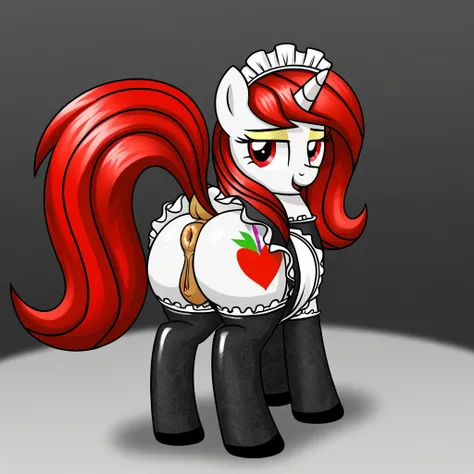 (((my little pony))), solo, white body, ((beautiful maid costume)), (perky butt), vibrant colors, 8K, high resolution, highly detailed, masterpiece, (glossy oiled body), lace stockings, (fat mommy), (slut), red long hair, red eyes, red tail, (anal sex)