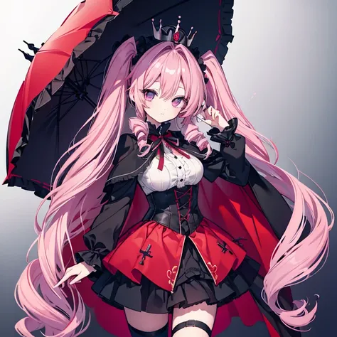 1 girl、Mature、Ample breasts、Long Hair、Pink Hair、Drill curl long hair、Twin tails、Dark Eyes、Round eyes、Gothic Lolita、Miniskirt、Crown on the head、Red Cape、Bewitching lol、cute、Red parasol、High resolution、Highest quality