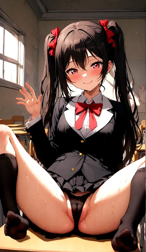 Yazawa Nico、lovelive 、share indirect write、One girl in a mini skirt, Sit with your legs wide apart、A seductive smile、Looking down at the viewer, Thighs, Highest quality, Thighsに注目, Spread your legs wide, smile, blazer, blouse, Black panties、Black knee sock...