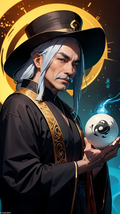 a mystical taoist monk in a taoist robe and hat, with a confident expression, exuding an aura of mystery and mastery of feng shui and yin yang, holding taoist artifacts, with detailed facial features including eyebrows and mustache, digital art, concept ar...