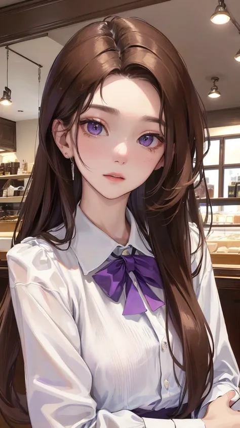 (Top resolution、Distinct_image)top-quality、femele、​masterpiece、highly detailed、Semi-realistic、purple eyes、18year old、young、Exquisite facial features、Facial features、unique hairstyle, variations, potrait, white background,    , long straight hairstyles , li...