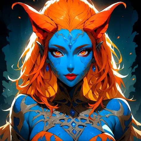 (((Masterpiece))), (((Best Quality: 1.4))), ((Super Detail: 1.4)) , hyper detailed gouache painting of a female Tiefling, gorgeous exotic features, amber neon eyes:1.5,  orange hair, hyper detailed face features, expressivo face, detailed textures, blue sk...