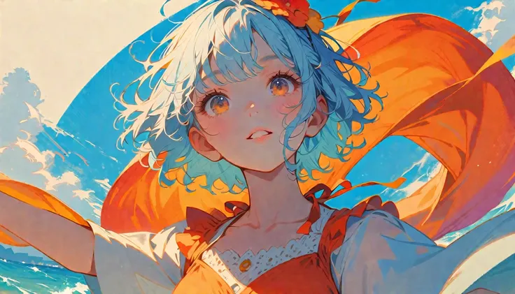 summer、1 female, Light blue hair,　short hair, Orange as an accent、Follow your dreams、