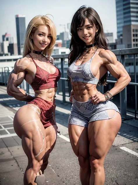 (Muscular:2.4), (thick thighs:2.3), 
(two females:1.2), (two muscular girls together smiling:1.5), (blunt bangs:1.2), long hair, blonde, redhead, (big smile:1.8), (hard nipples), beauty mark, (small breasts:1.7),
eyeshadow, lipstick, choker, glasses, (patt...