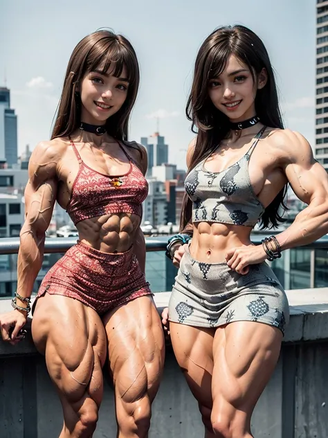 (Muscular:2.4), (thick thighs:2.3), 
(two females:1.2), (two muscular girls together smiling:1.5), (blunt bangs:1.2), long hair, blonde, redhead, (big smile:1.8), (hard nipples), beauty mark, (small breasts:1.7),
eyeshadow, lipstick, choker, glasses, (patt...