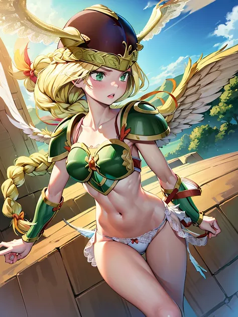 masterpiece,best quality, 1girl, 18yo, beautiful girl,BREAK,(Armor:1.8),(Helmet with wings:1.7),(Beautiful blonde,braid,Green Eyes:1.5),BREAK,(White lace panties,navel exposed:1.4),BREAK,(naughty face, naughty:1.3), (blue sky:1.2),(Running on clouds:1.3),(...