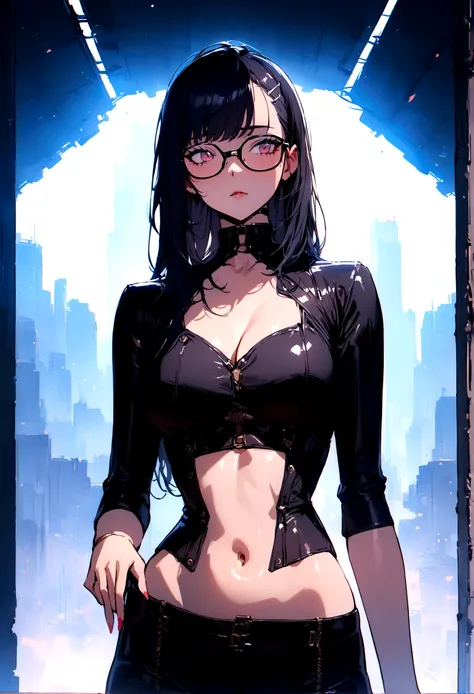 (masterpiece, best quality), 1 Girl, Black Hair, Glasses, Cyberpunk, Solitary, Waist-high, Sexy appearance