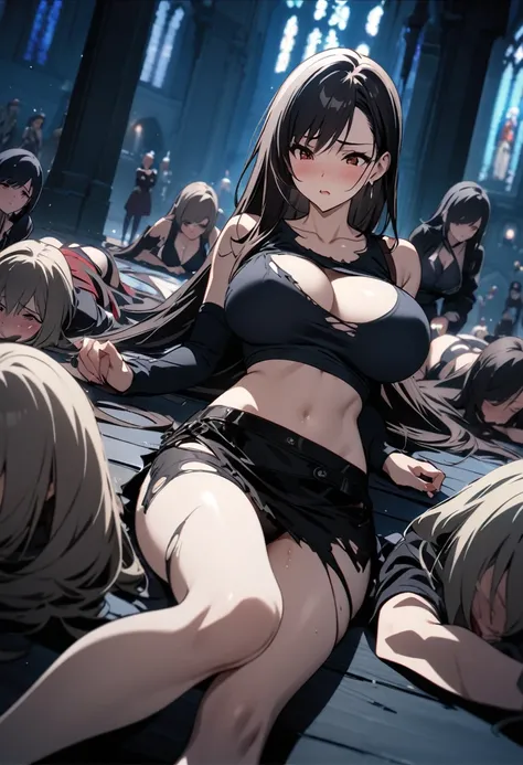 masterpiece, 最high quality, High resolution,  Final Fantasy 7、Tifa Lockhart、Black torn clothes 、Black ripped pantyhose、Dark church at night、sexy、Wearing a mini skirt、Thin legs、Big Breasts、Slim figure、high quality　CG Tone、Torn black panties、Defeat scene、Los...