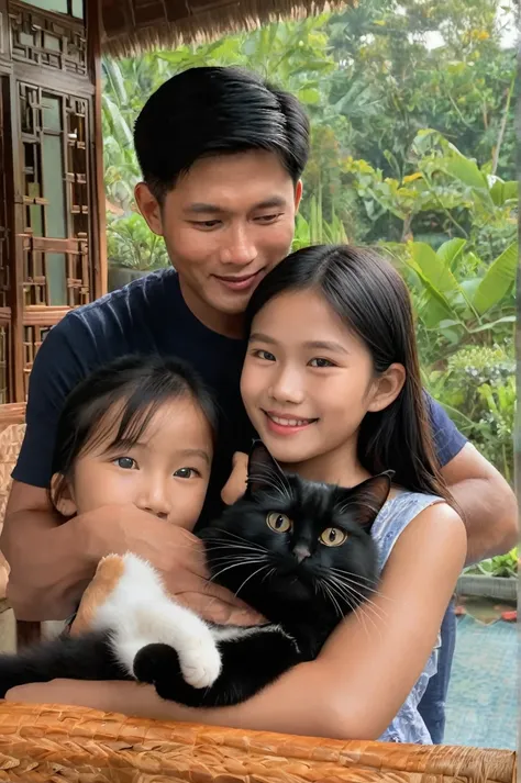 Inside a Thai familys home, the 30-year-old father, 30-year-old mother, and their 11-year-old daughter are spending time together. The daughter is holding a fluffy black cat in her arms. They are all engaged in conversation. Everyone has black hair. (Daugh...